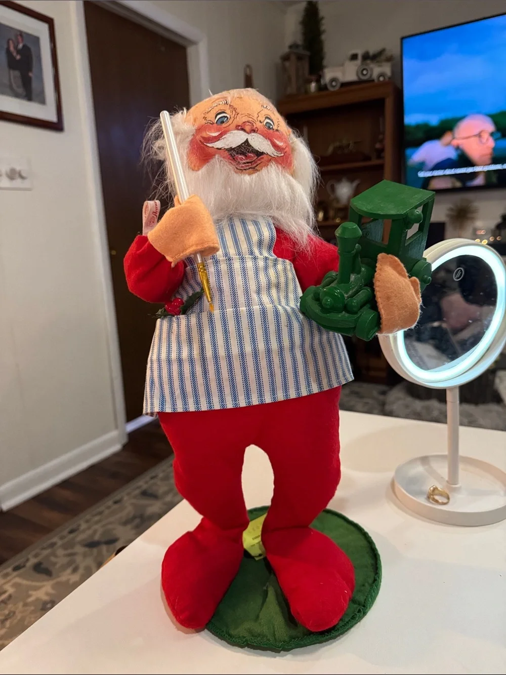 Annalee Red Santa Doll with Blue-Striped Apron and Green Toy Train